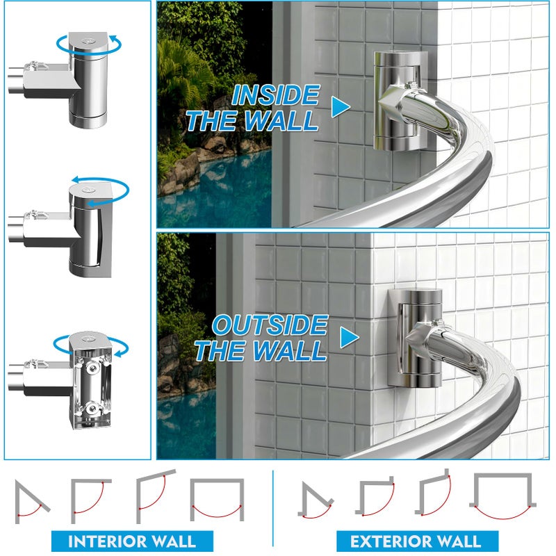 PrettyHome Curved Shower Curtain Rod For Bathroom 38-72 Inches, Adjustable Length, Curved Shower Rod, Metal Rods&Brackets, Round Shower Curtain Rods, Rotate Bracket For Large Shower Space, Need Drilling, Chrome - Image 4